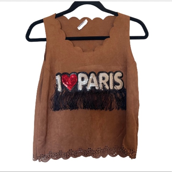 french designer heart paris applique scalloped sleeveless tank top embroidered - Picture 1 of 11